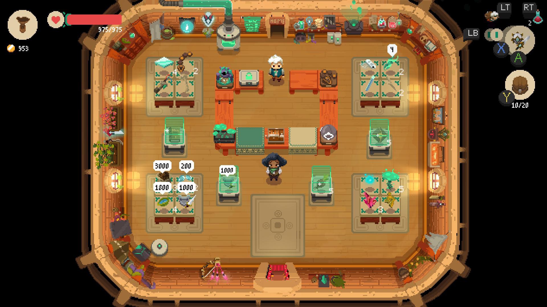 A screenshot from Moonlighter shows an overhead view of a cozy, well-lit shop with various items displayed on shelves and tables.