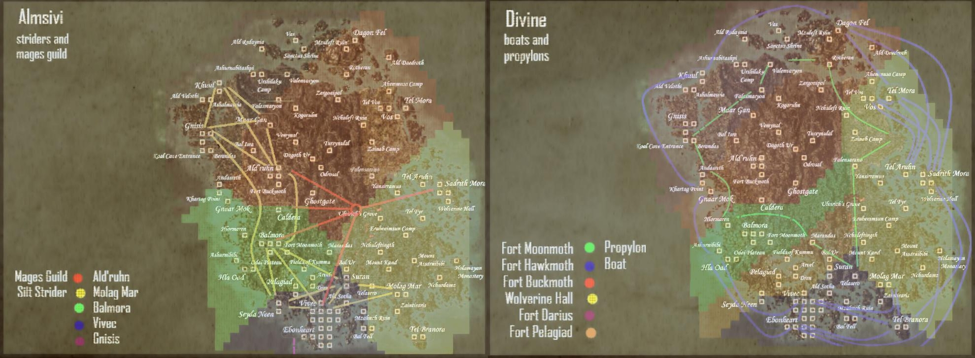 A map of Morrowind's Vvanderfell chaotically criss-crossed by differently colored transportation lines.