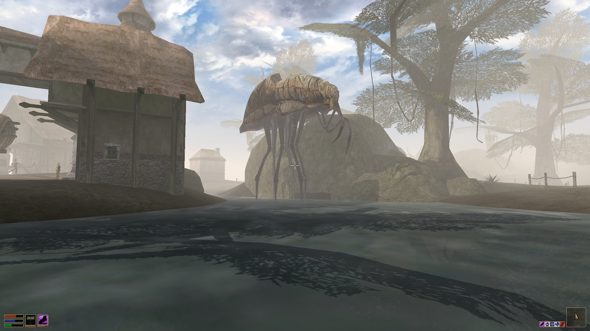 A enormous flea-looking monster towering over a small town in The Elder Scrolls III: Morrowind.