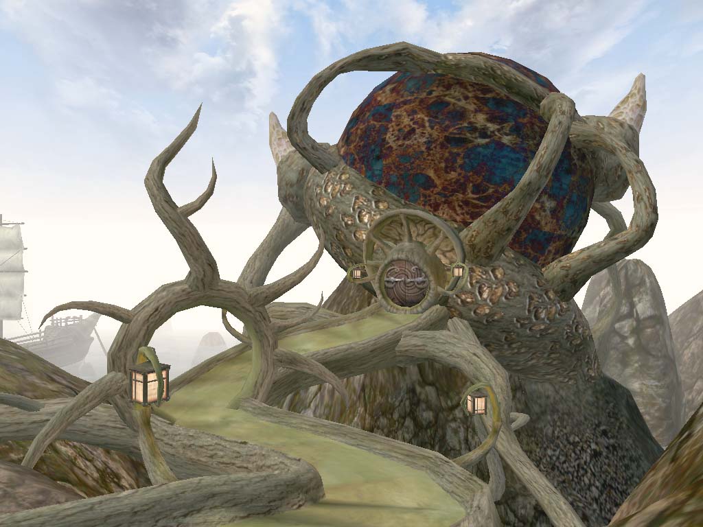 A giant, root-like structure with a large, mottled sphere embedded within it, and a curved pathway leading up to a doorway on its surface.
