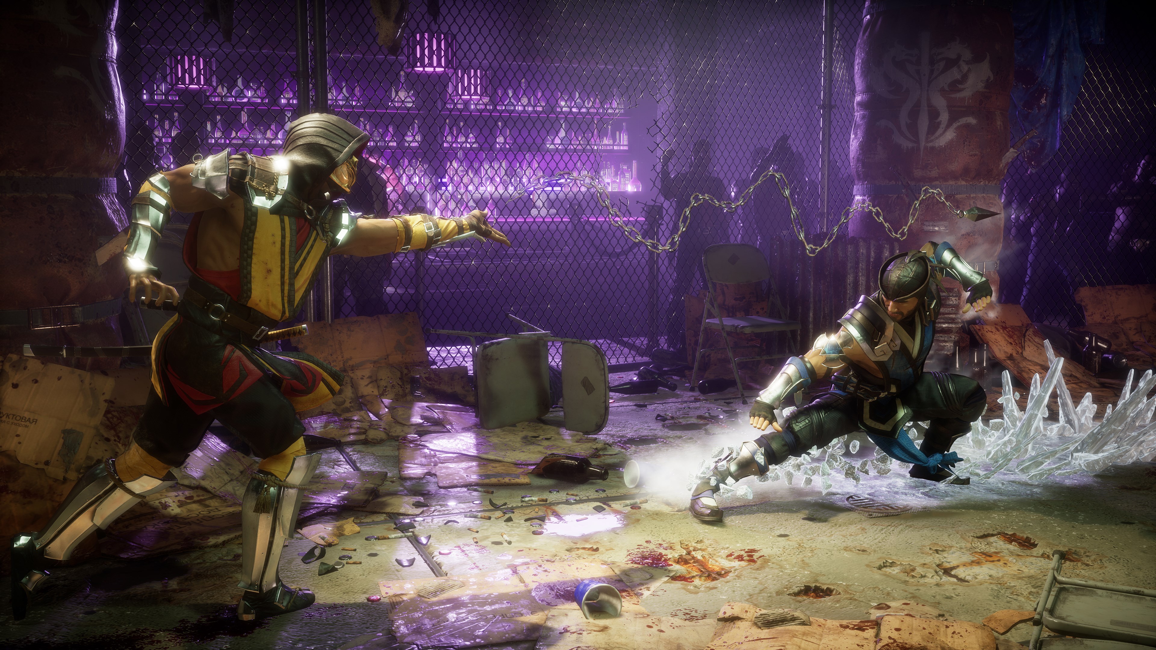 A screenshot from Mortal Kombat 11 shows two characters in a fighting stance in a dark, icy arena with purple lightning effects.