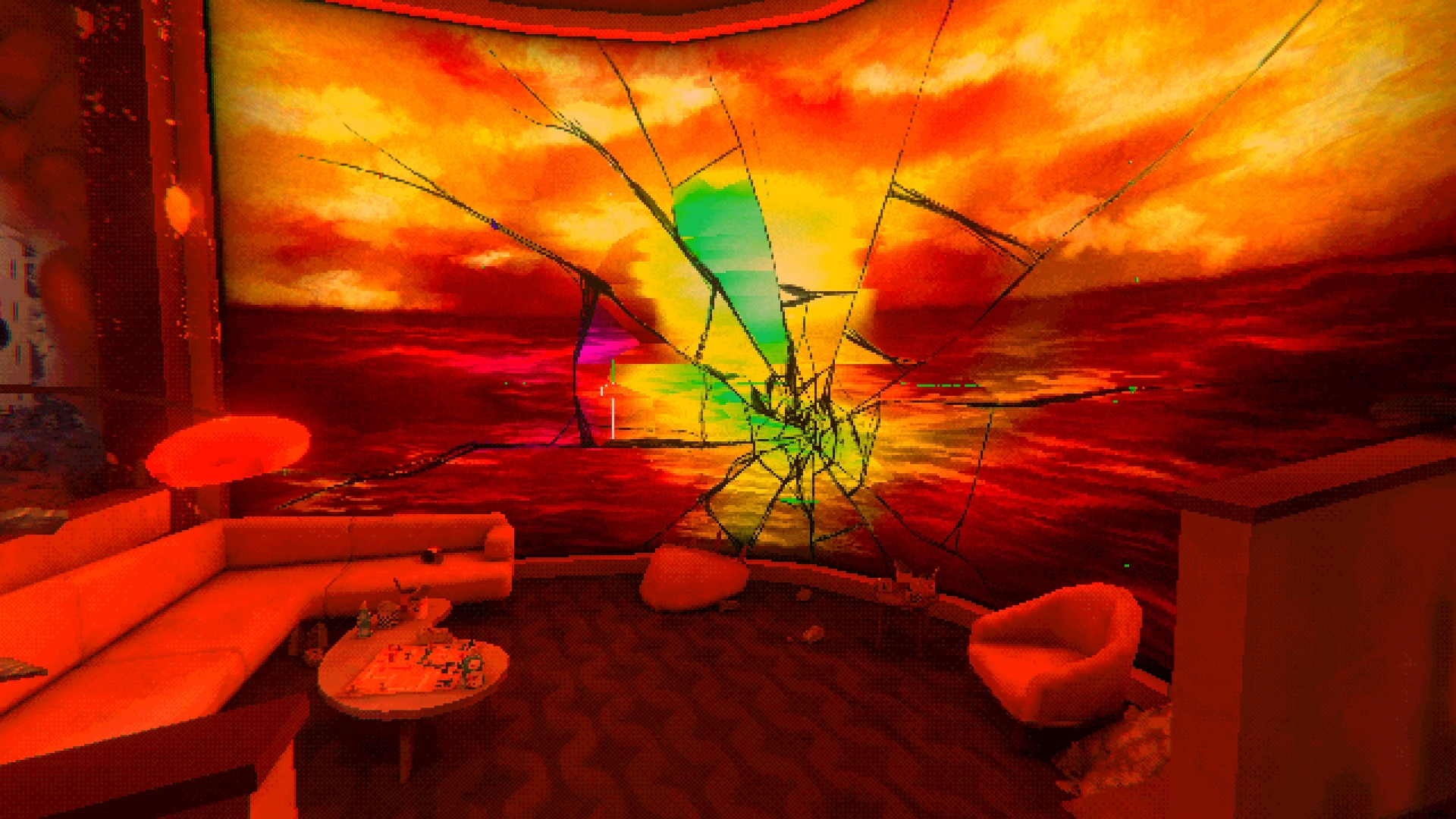 A recreation area with a couch, coffee table, and a broken holographic screen showing a peaceful sunset. 