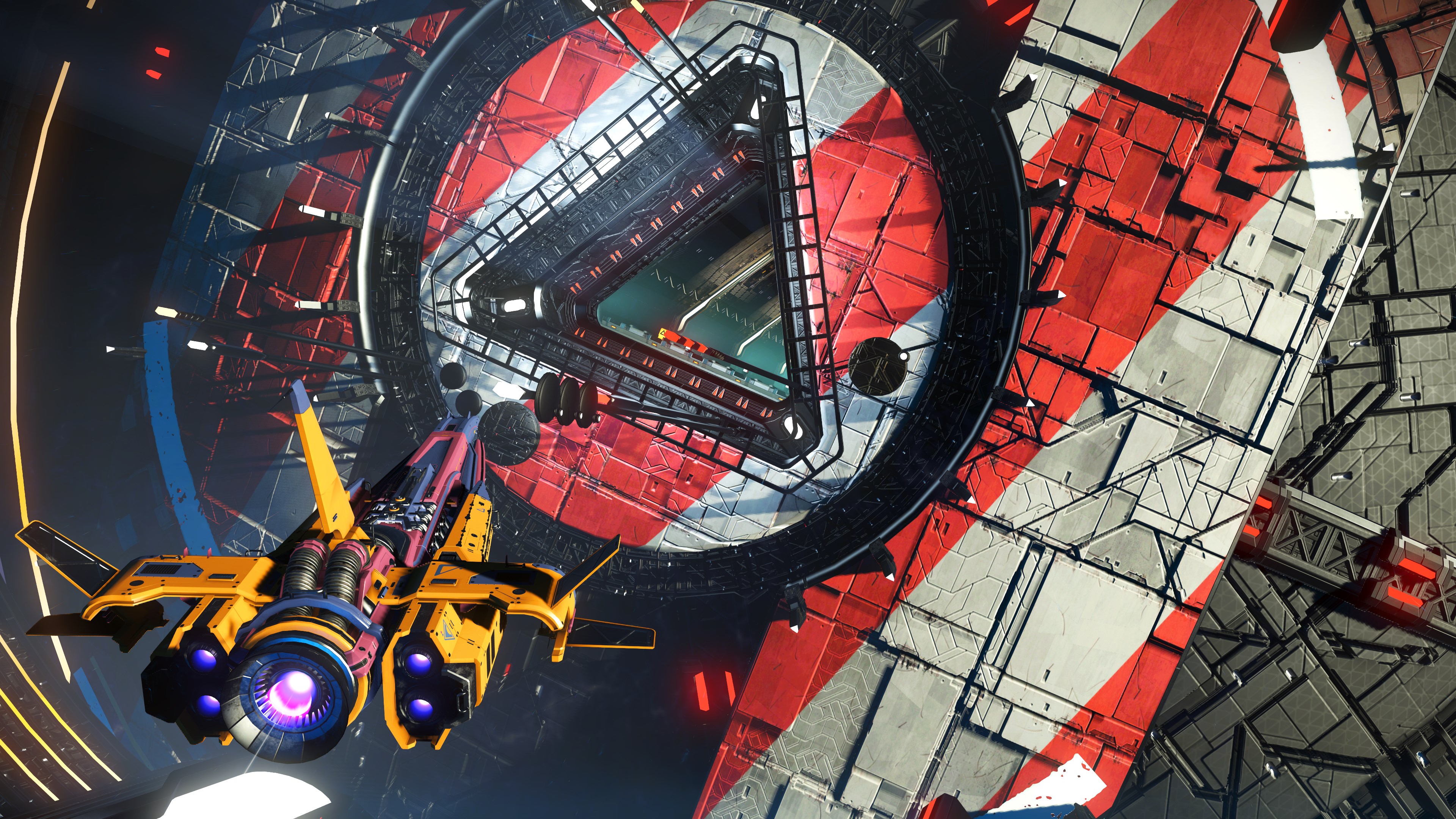 A screenshot from No Man's Sky shows a yellow spaceship flying towards a massive, geometric space station with red and white patterns.