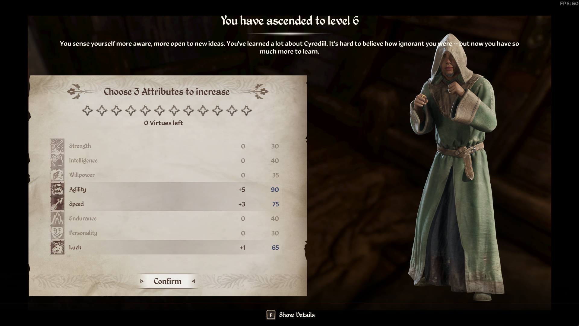 The new level-up screen in The Elder Scrolls IV: Oblivion Remastered.