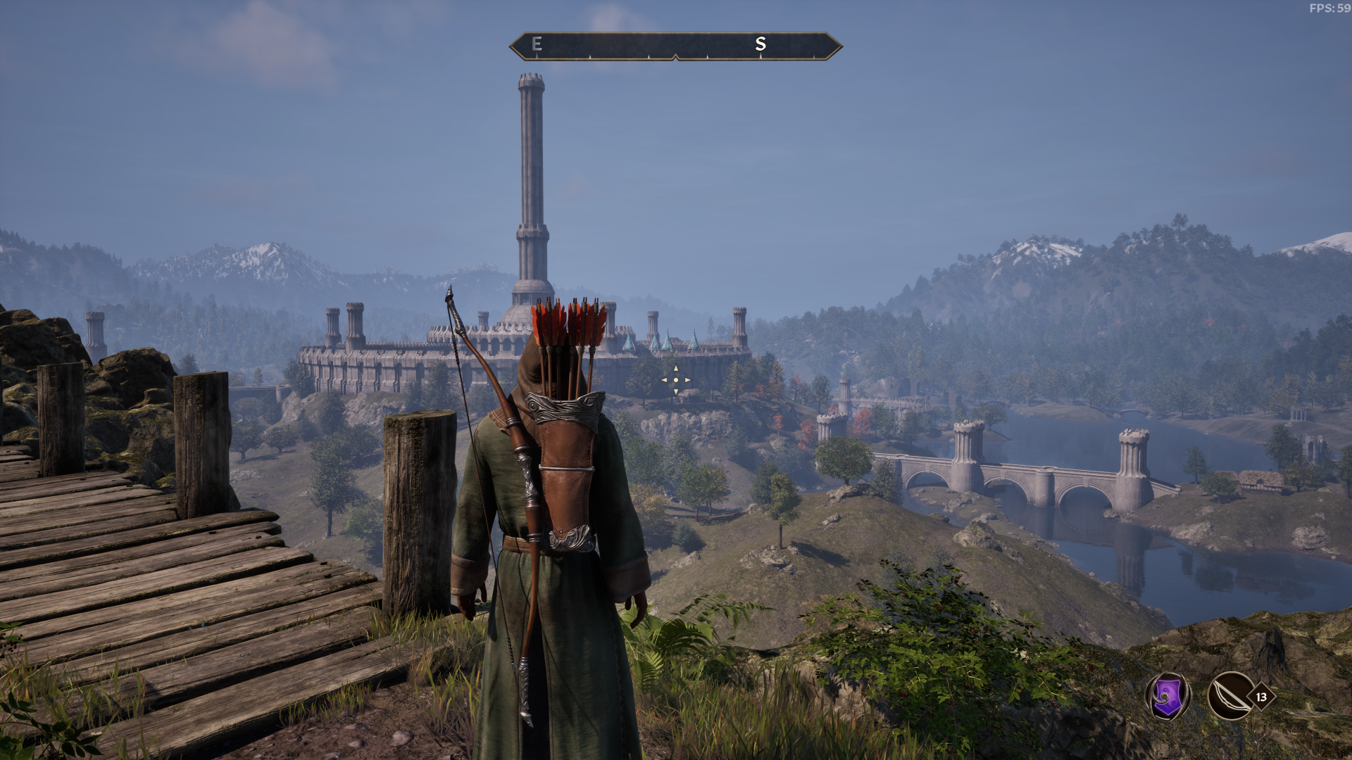 Player character in a green robe, wearing a bow on his back, looking in the direction of the Imperial City.