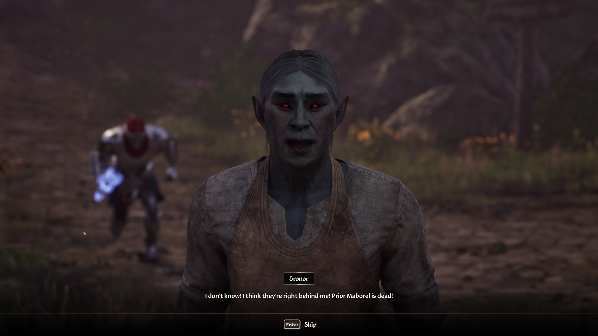 A dunmer saying "I think they're right behind me!", with an attacker, indeed, right behind them.