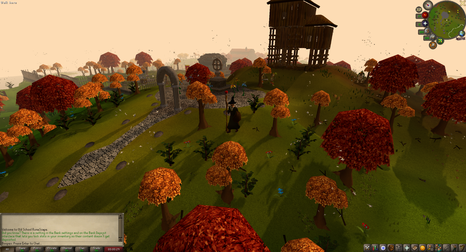 Autumn landscape in Old School RuneScape, with a wizard character in the foreground.