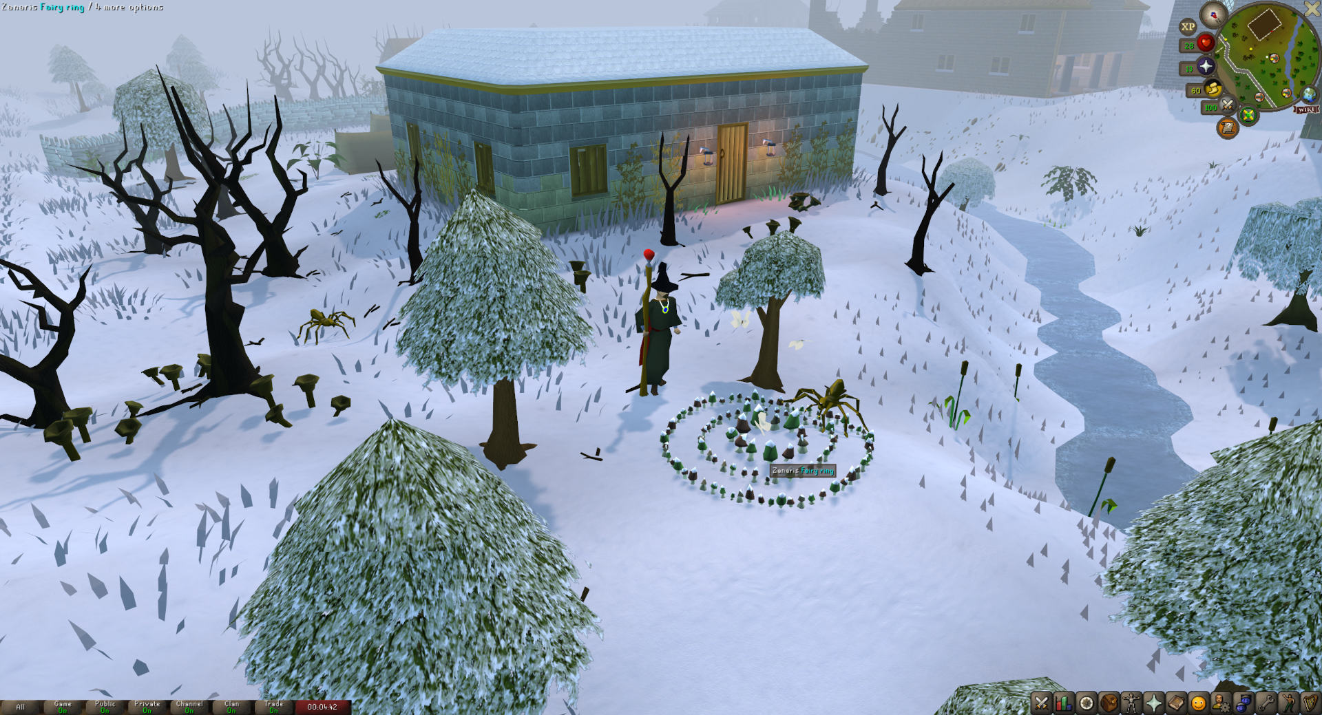 A wizard player character in Old School RuneScape standing next to a mushroom fairy ring.