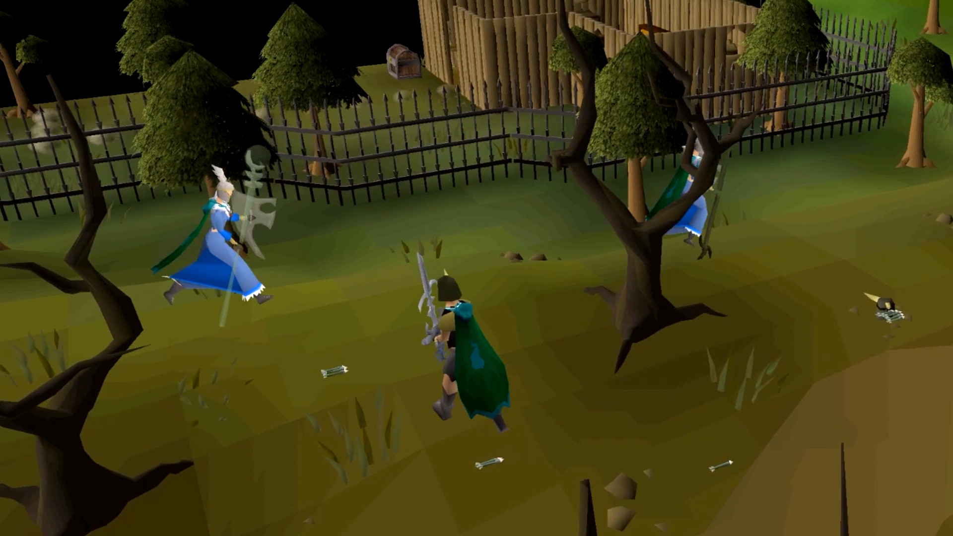 Old School RuneScape shows two characters in running through a dark forest landscape at night.
