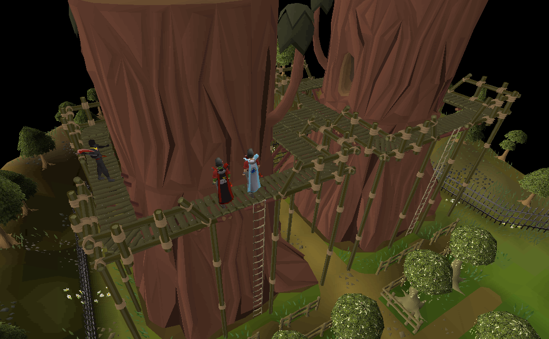 Two players hacking at enormous redwood tree in Old School Runescape. Image courtesy of oldschool.runescape.wiki.