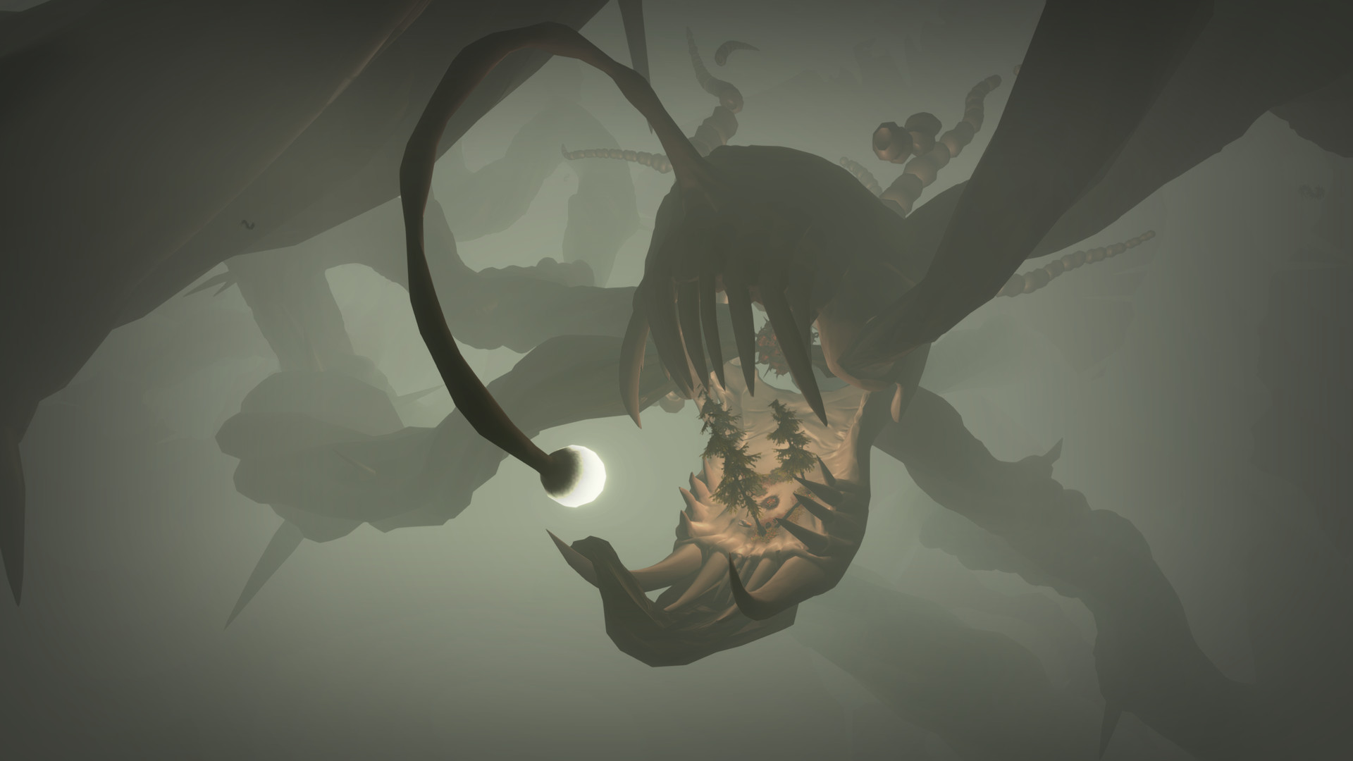 Outer Wilds shows a giant angler fish skeleton with trees growing inside it's jaw. Image courtesy of Mobius Digital (via IGDB).