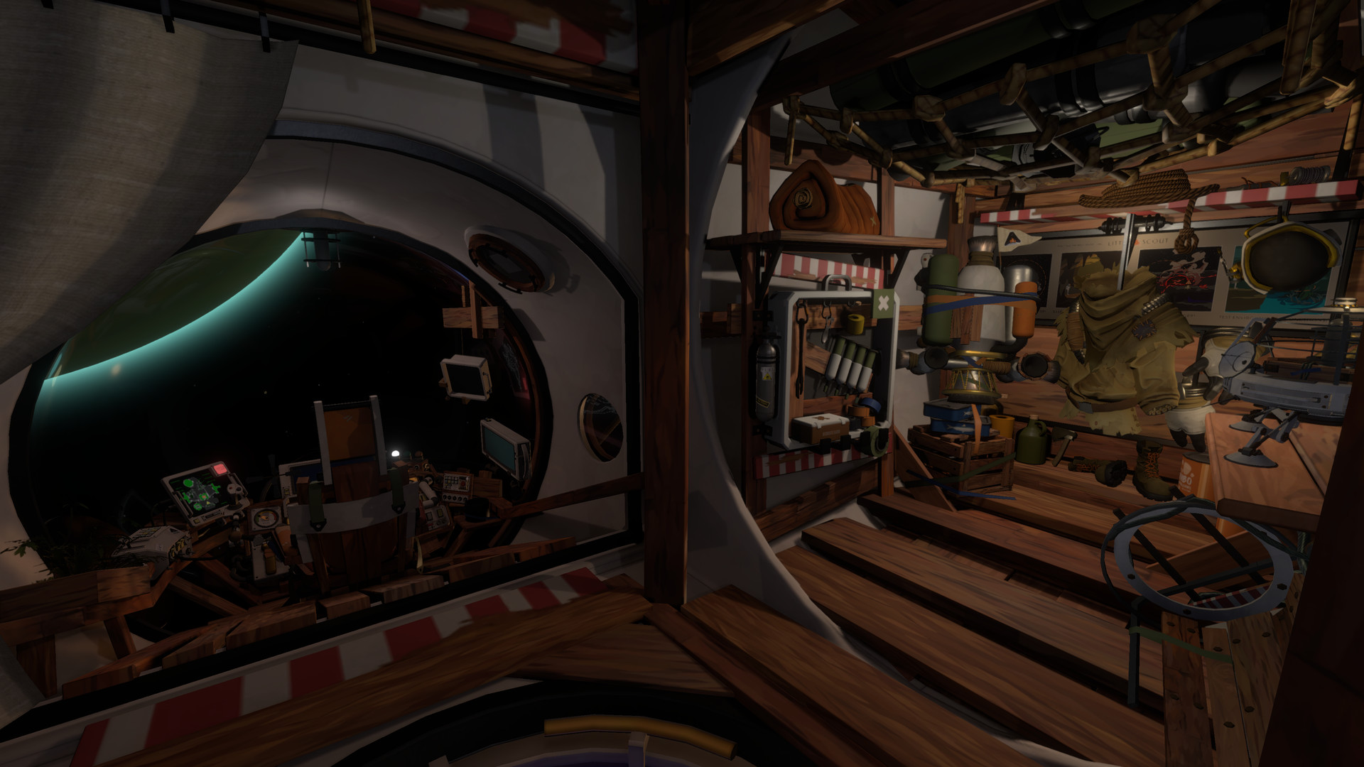 An wood paneled cozy interior of a small spaceship adorned with supplies, with a distant planet visible through the window. Image courtesy of Mobius Digital (via IGDB).