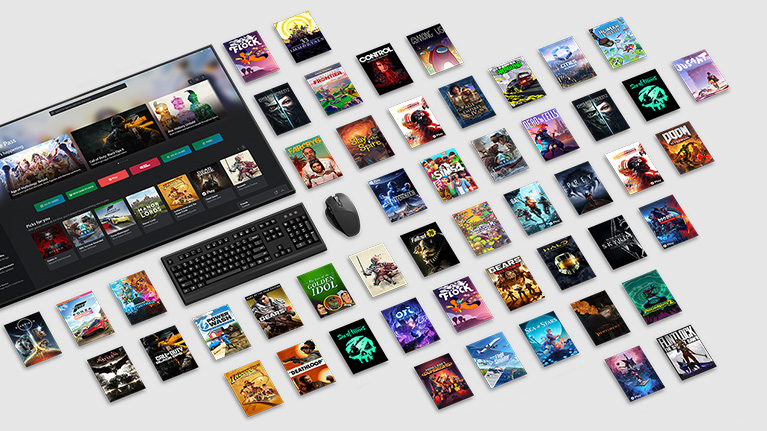 An image displays a collage of numerous PC Game Pass covers arranged diagonally against a white background with a keyboard and mouse partially visible.