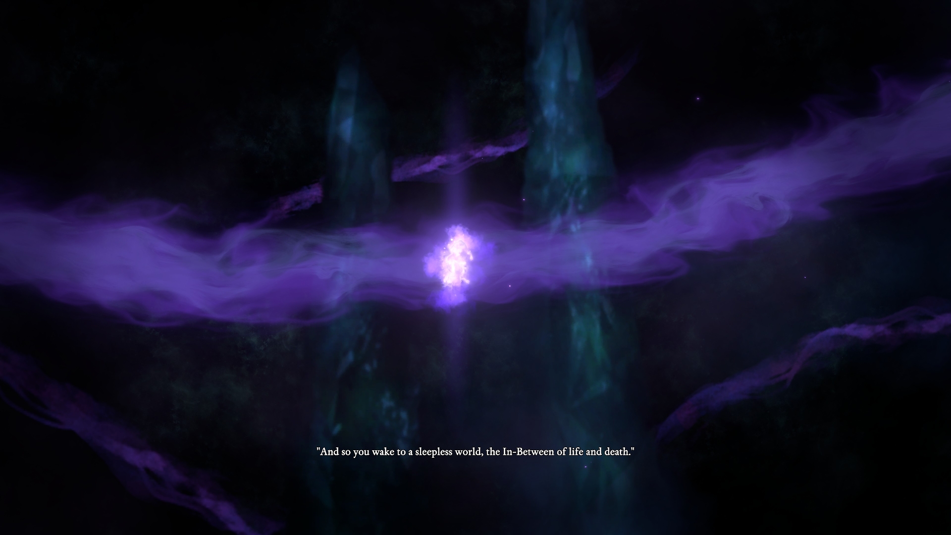 Pillars of Eternity II: Deadfire shows a glowing purple energy rift in a dark, ethereal void with subtitles. Screenshot by author.