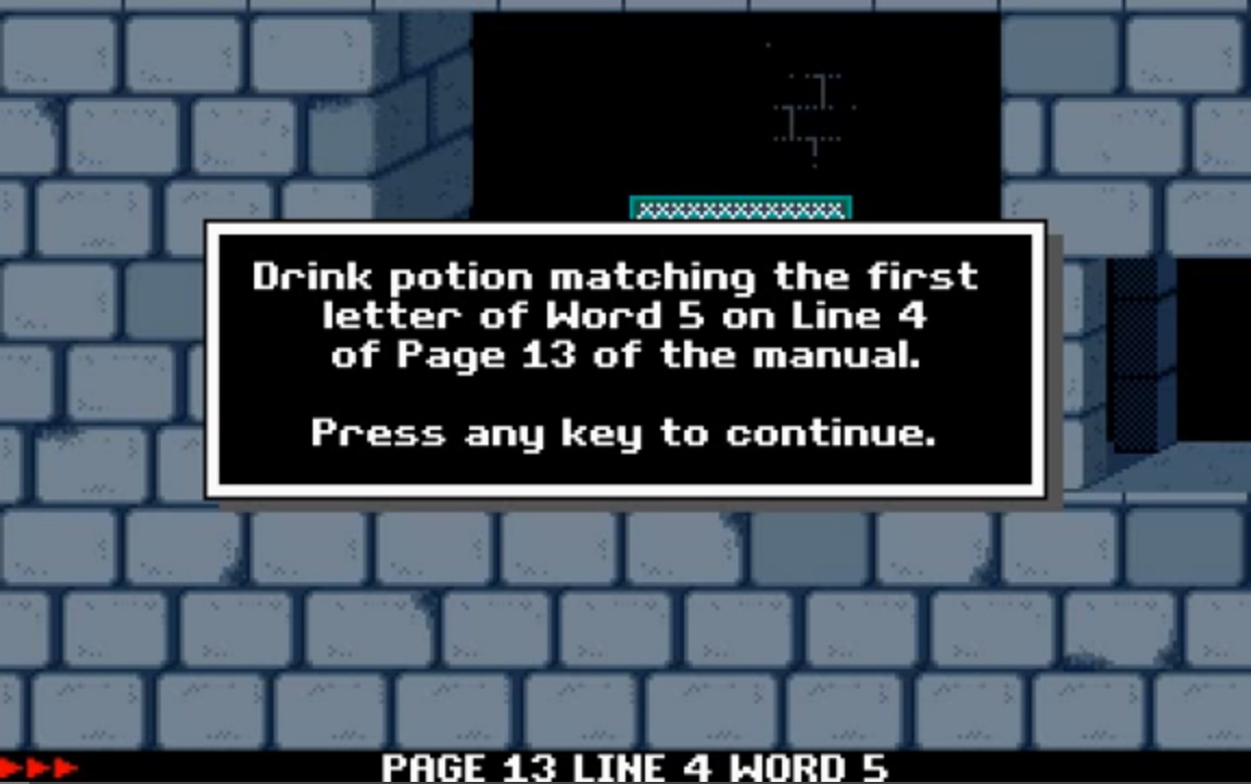 Early DRM in Prince of Persia: "Drink potion matching the first letter of Word 5 on Line 4 of Page 13 of the manual."