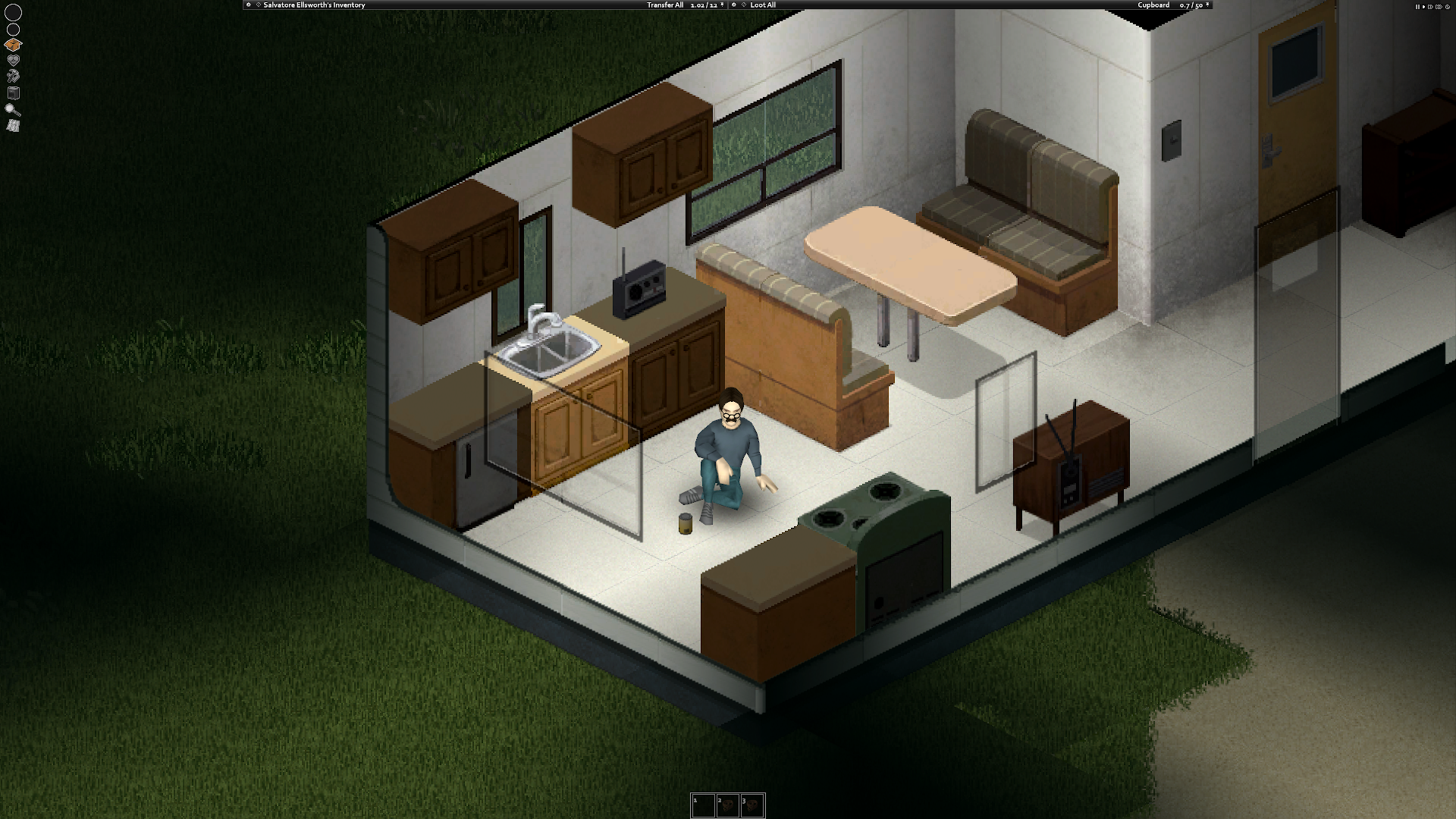 Player character in Project Zomboid sitting on the floor in front of a can fn dog food. Screenshot by author.