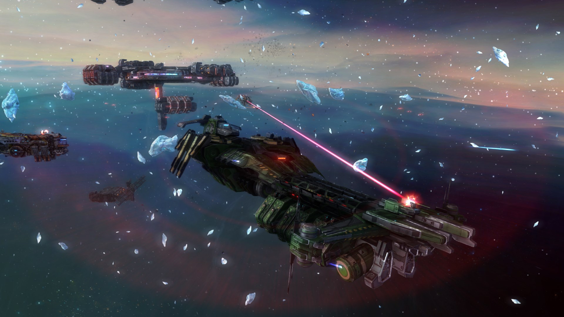 A screenshot from Rebel Galaxy shows a spaceship firing lasers at another ship amidst asteroids in space.