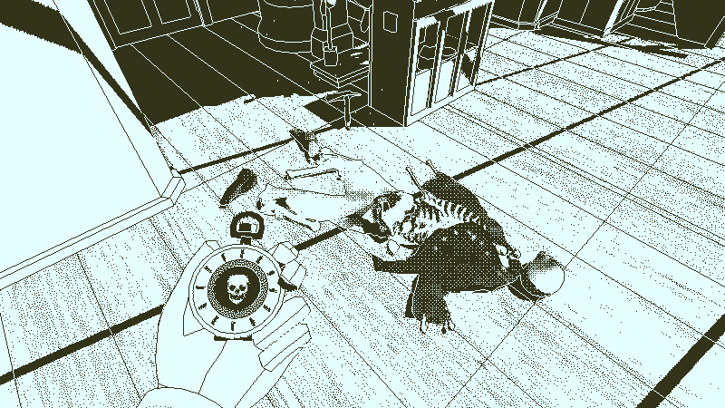 Screenshot from Return of the Obra Dinn. Someone holding a pocketwatch above a dead body.