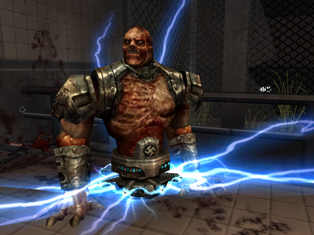 A large, muscular, grotesque human-like creature with visible organs, metal armor on its shoulders and arms, and a swastika-decorated device around its waist emitting blue lightning, from Return to Castle Wolfenstein.