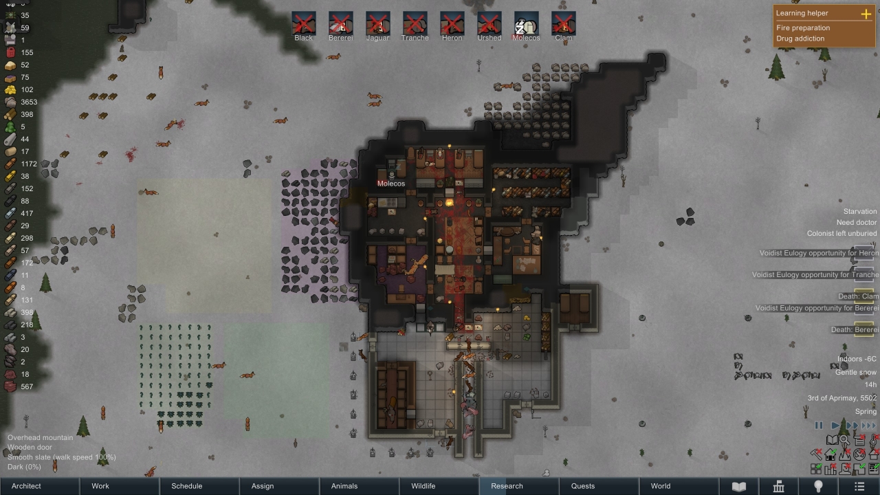 RimWorld shows a top-down view of a partially destroyed and burning colony during winter, with several dead bodies visible on the ground.