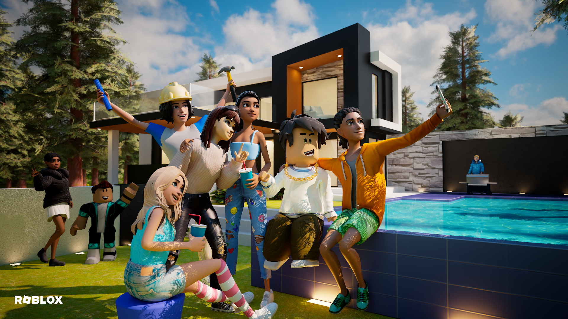 Roblox avatars socialize by a pool in front of a modern house, with one character taking a selfie. Image courtesy of Roblox Corporation.