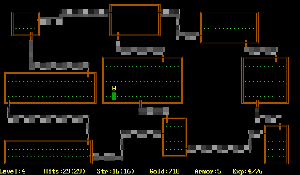 A screenshot of ASCII dungeon of 1980's game Rogue.