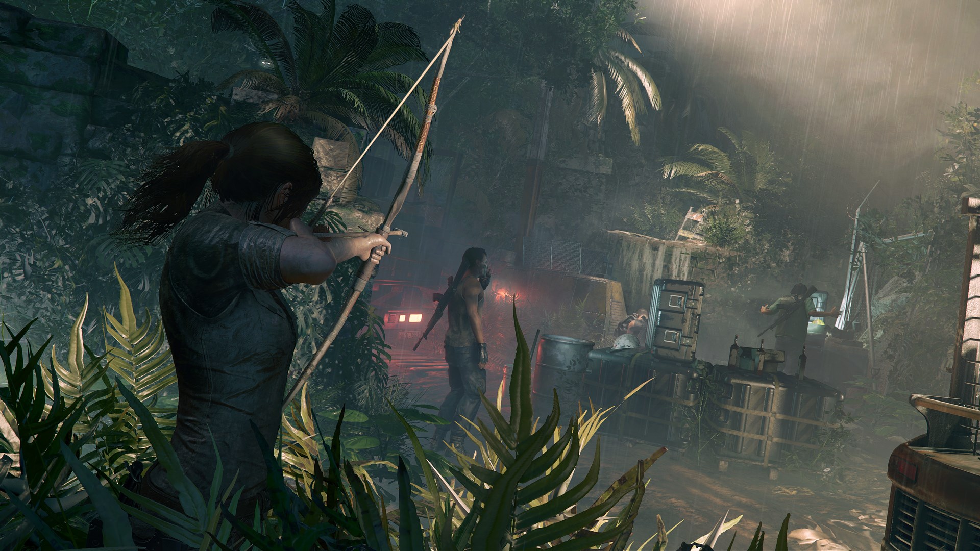 A screenshot from Shadow of the Tomb Raider shows Lara Croft with a bow and arrow, sneaking through a dark jungle environment with glowing-eyed enemies.