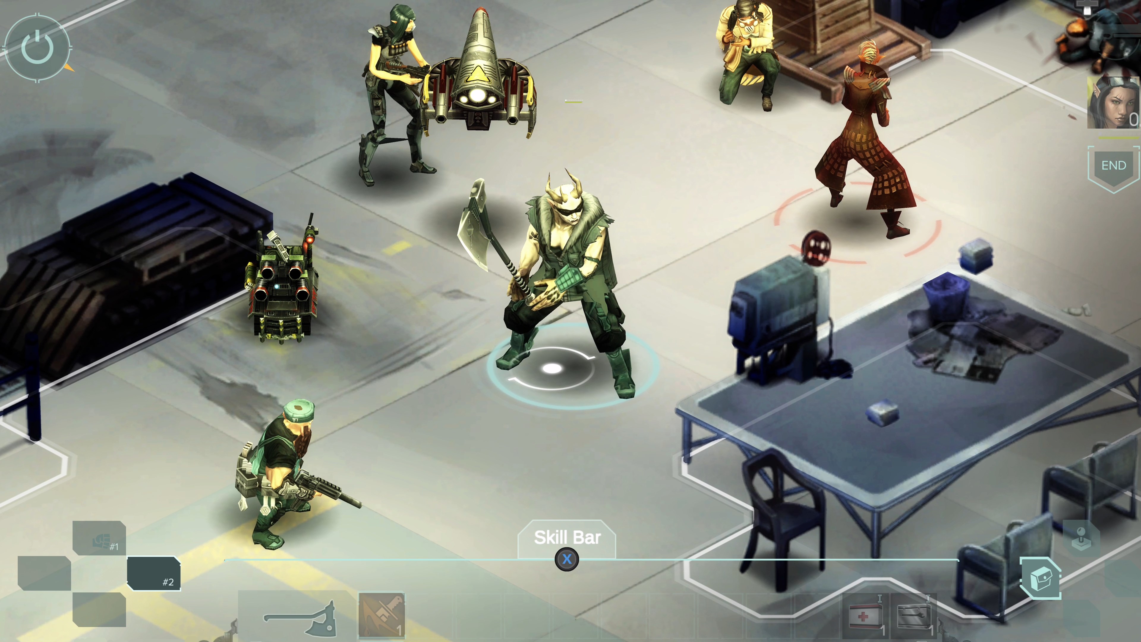 A screenshot from the Shadowrun Trilogy displays an isometric view of a futuristic, cyberpunk-style room with several characters in combat stances.