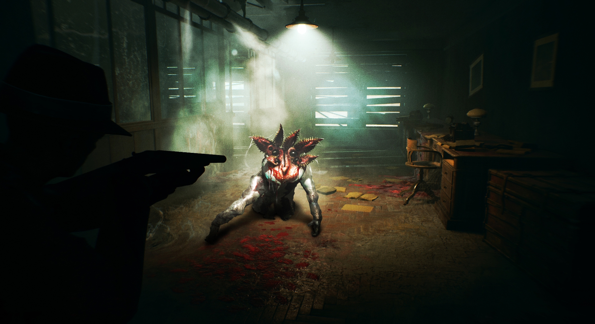 A monster with its head opening like a flower with rows of teeth, and a protagonist of The Sinking City has a shotgun trained on the monster. Image courtesy of Frogwares (via IGDB).
