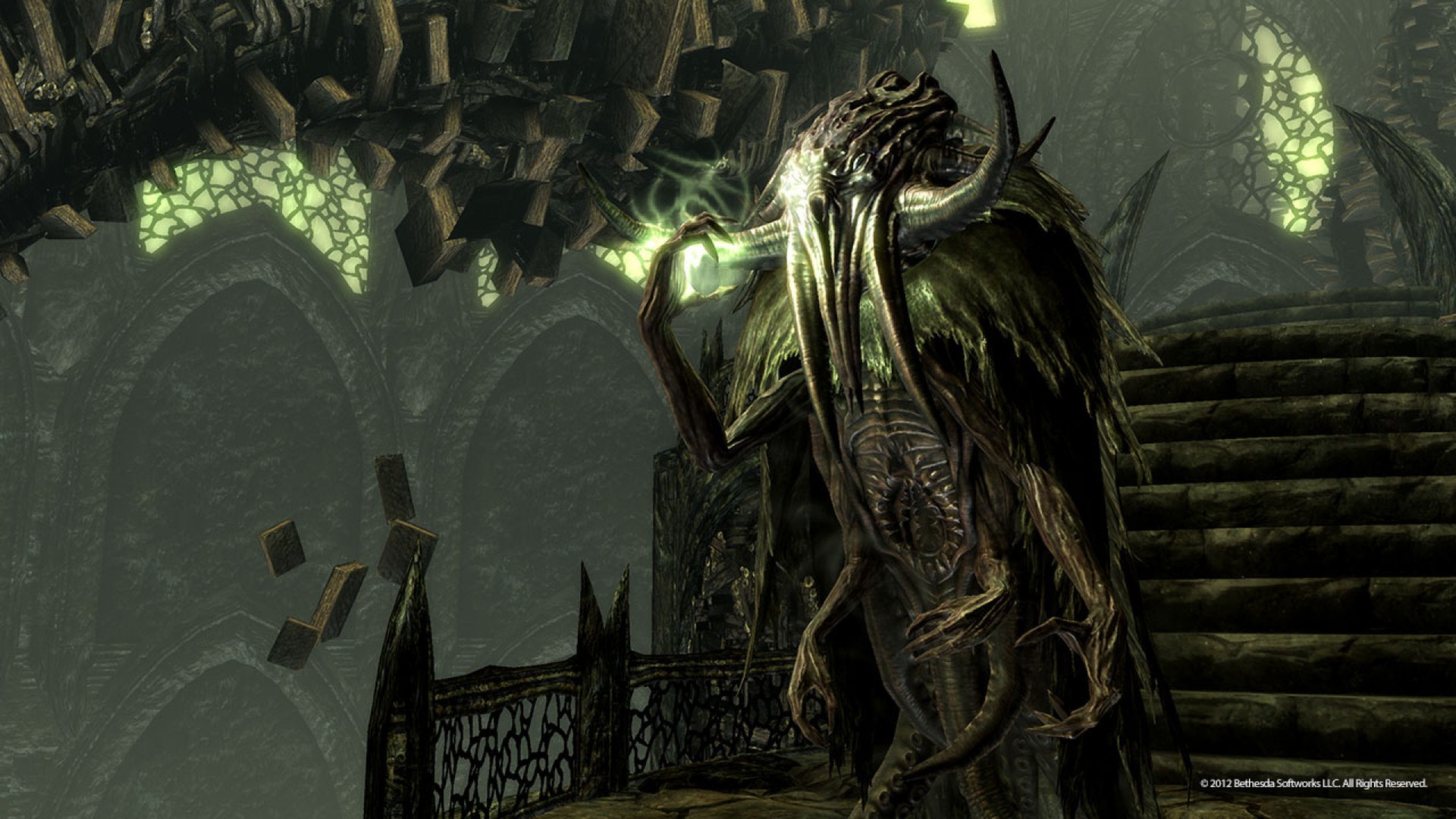 Skyrim's mysterious book-filled apocrypha realm with an eldritch seeker in the foreground. Image courtesy of Bethesda.
