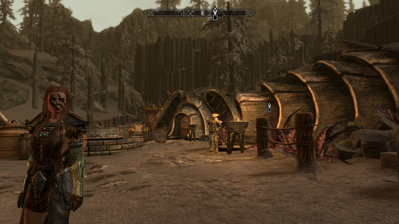 A character in Skyrim stands in a dusty environment, looking at the camera with a compass and quest marker visible.