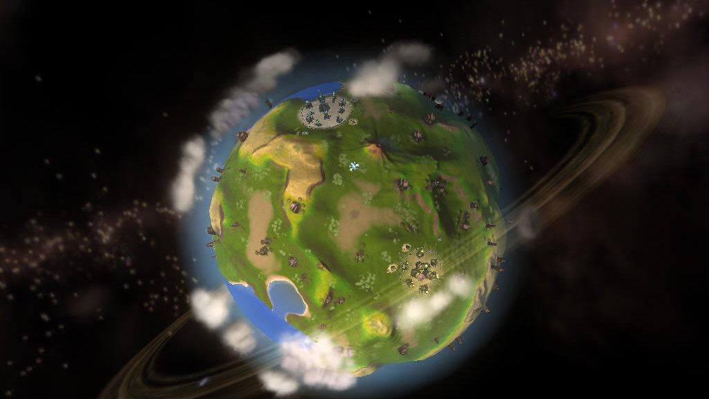 A screenshot from Spore shows a colorful, cartoonish planet with various continents and oceans, viewed from space.