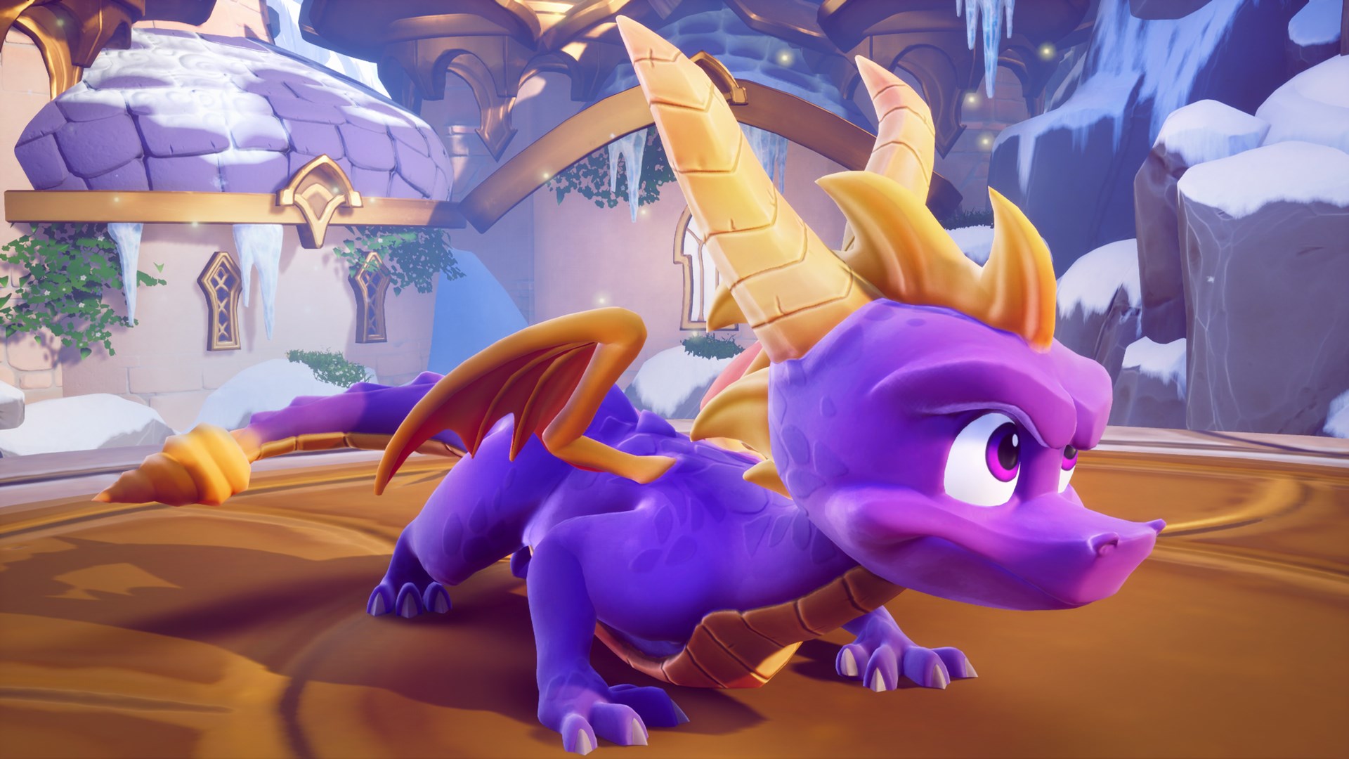 A screenshot from Spyro Reignited Trilogy shows the purple dragon Spyro standing in a colorful, cartoonish world.