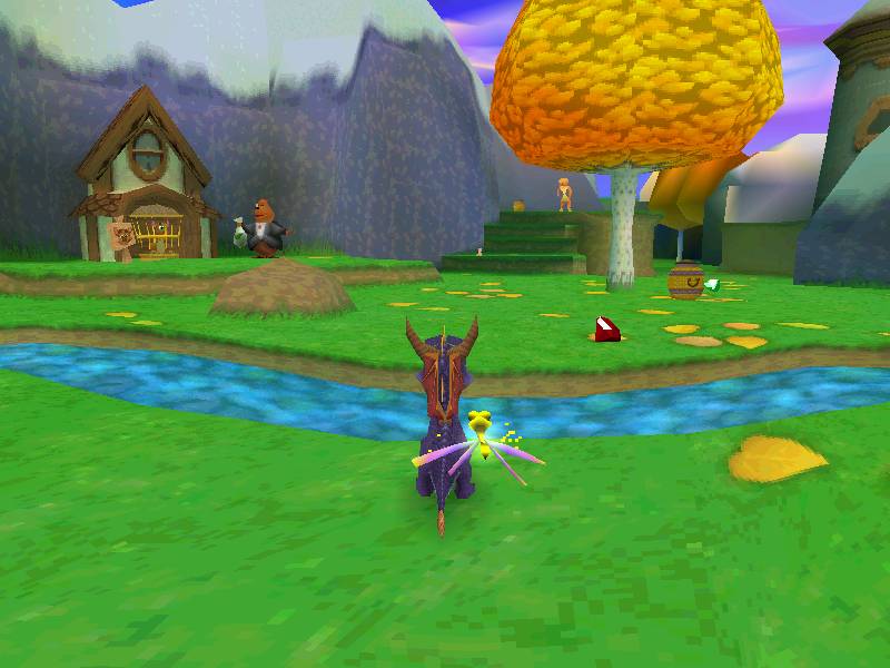 Spyro: Year of the Dragon (2000) shows the titular dragon, a small river, and a few characters in the background.
