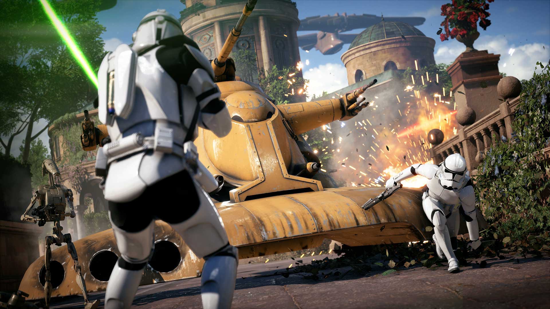 A screenshot from Star Wars Battlefront II shows clone troopers and a battle tank in a chaotic battle scene on a Star Wars planet.