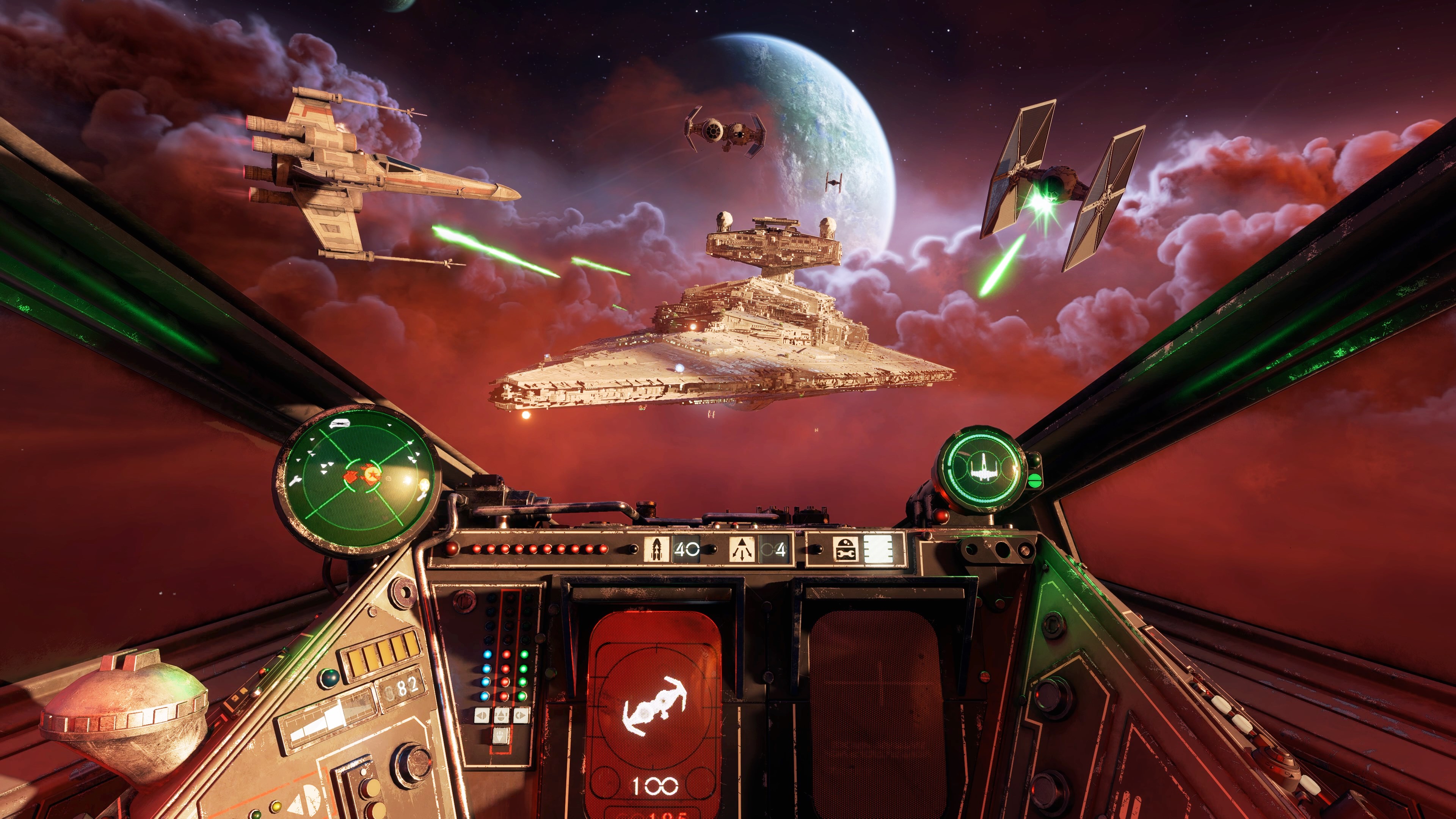 A screenshot from Star Wars Squadrons shows a first-person cockpit view of an X-wing fighter in a space battle with Star Destroyers and TIE fighters.
