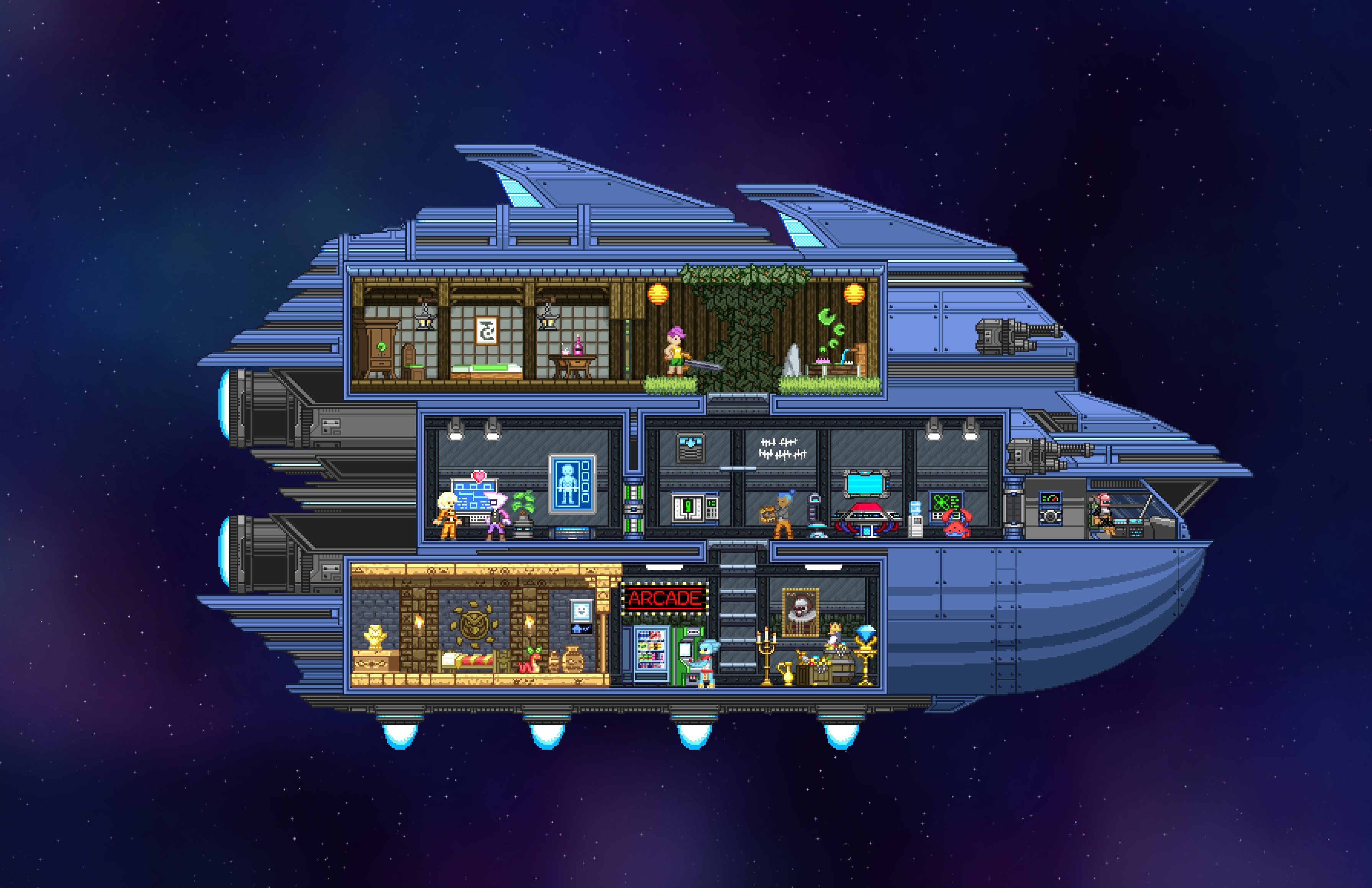 A screenshot from Starbound shows a pixel-art cross-section of a spaceship with various decorated rooms and characters inside.