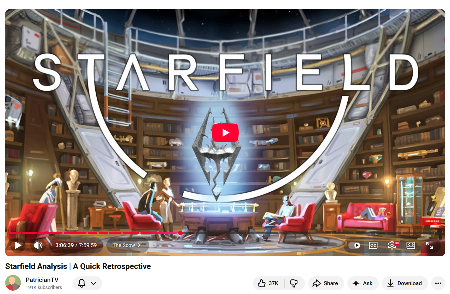 An 8 hour YouTube video titled "Starfield Analysis: A Quick Retrospective" by PatricianTV.