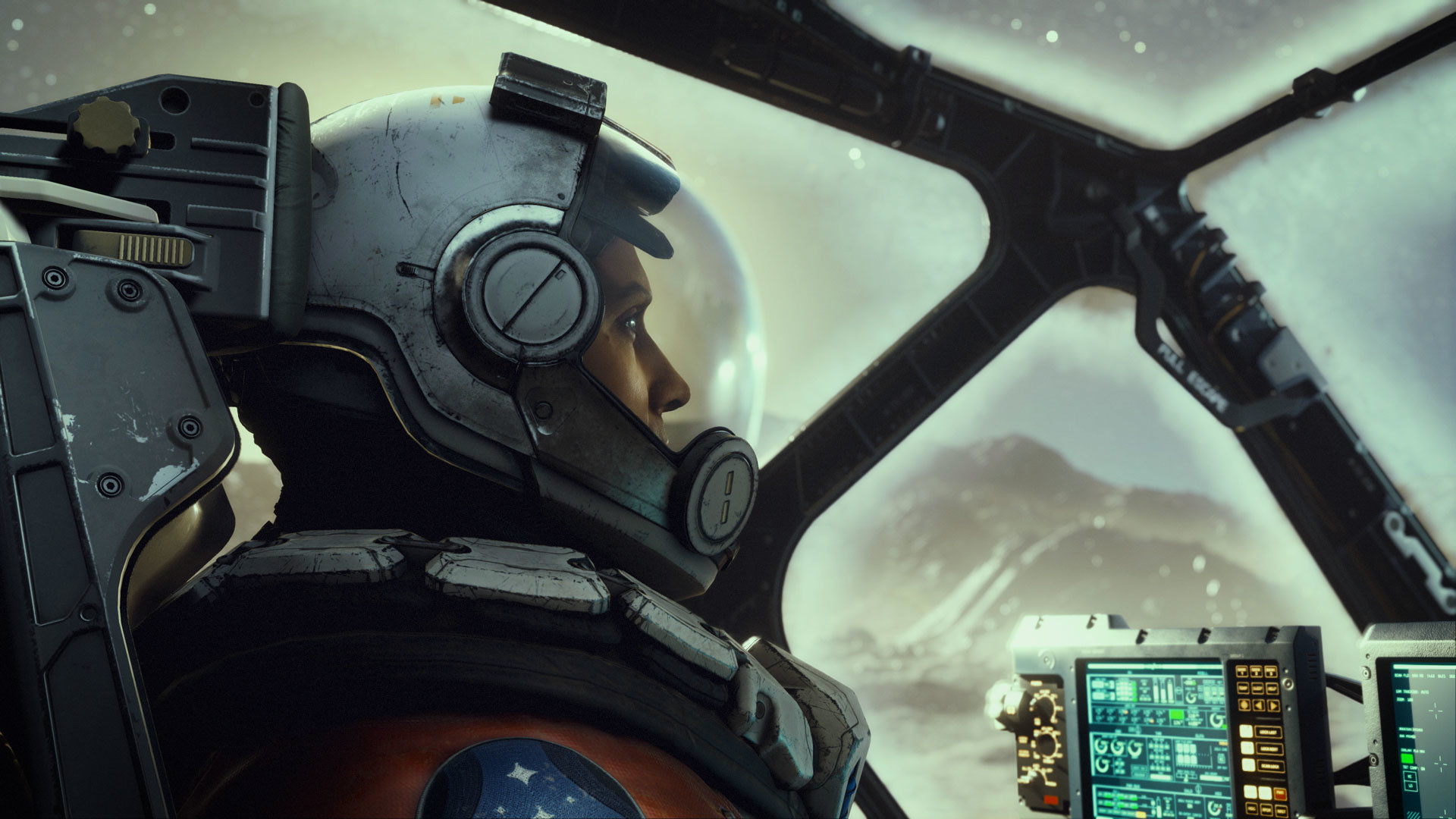 A protagonist of Starfield in a spacesuit sitting in a spaceship cockpit.