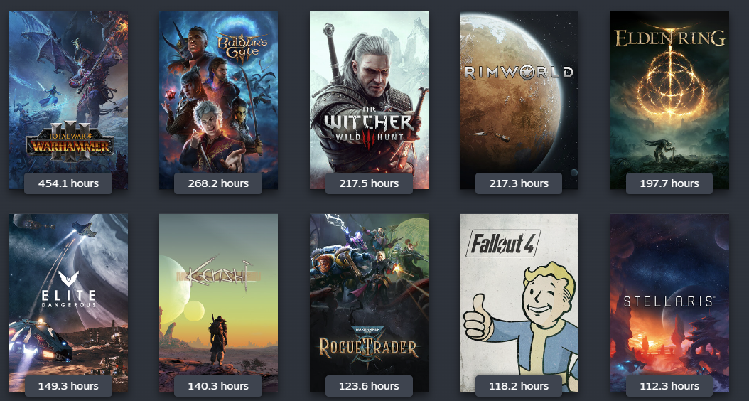 A screenshot of top 10 games in the author's library by playtime.