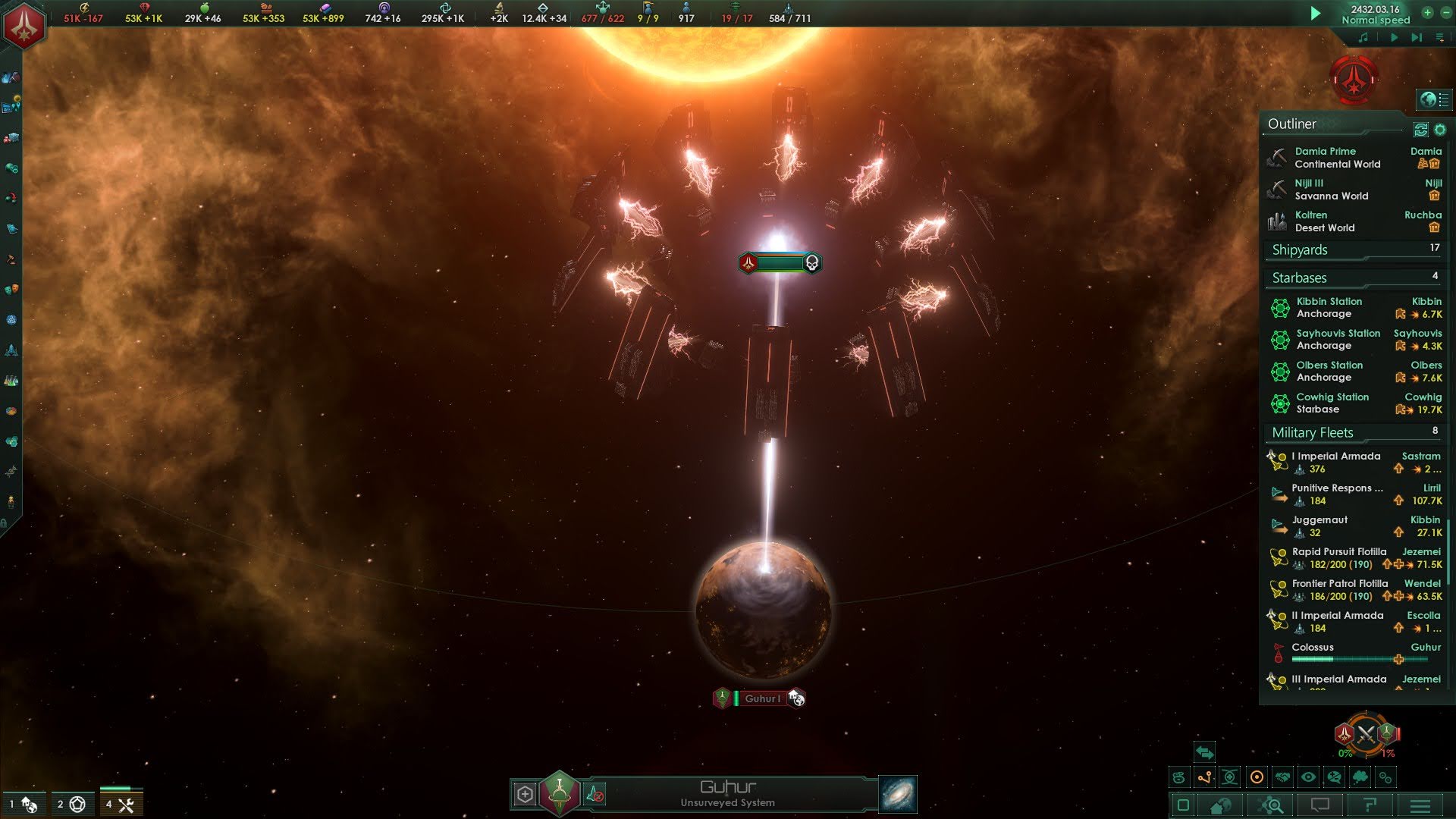 Stellaris shows a large space station with multiple arms aimed at a planet, preparing to destroy it.