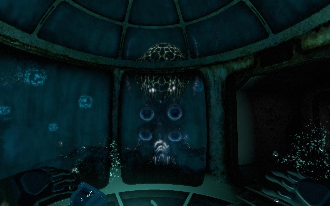 Subnautica shows rusty underwater observatory windows with a 4-eyed squid-like monster ominously hovering behind the glass. Screenshot by the author.
