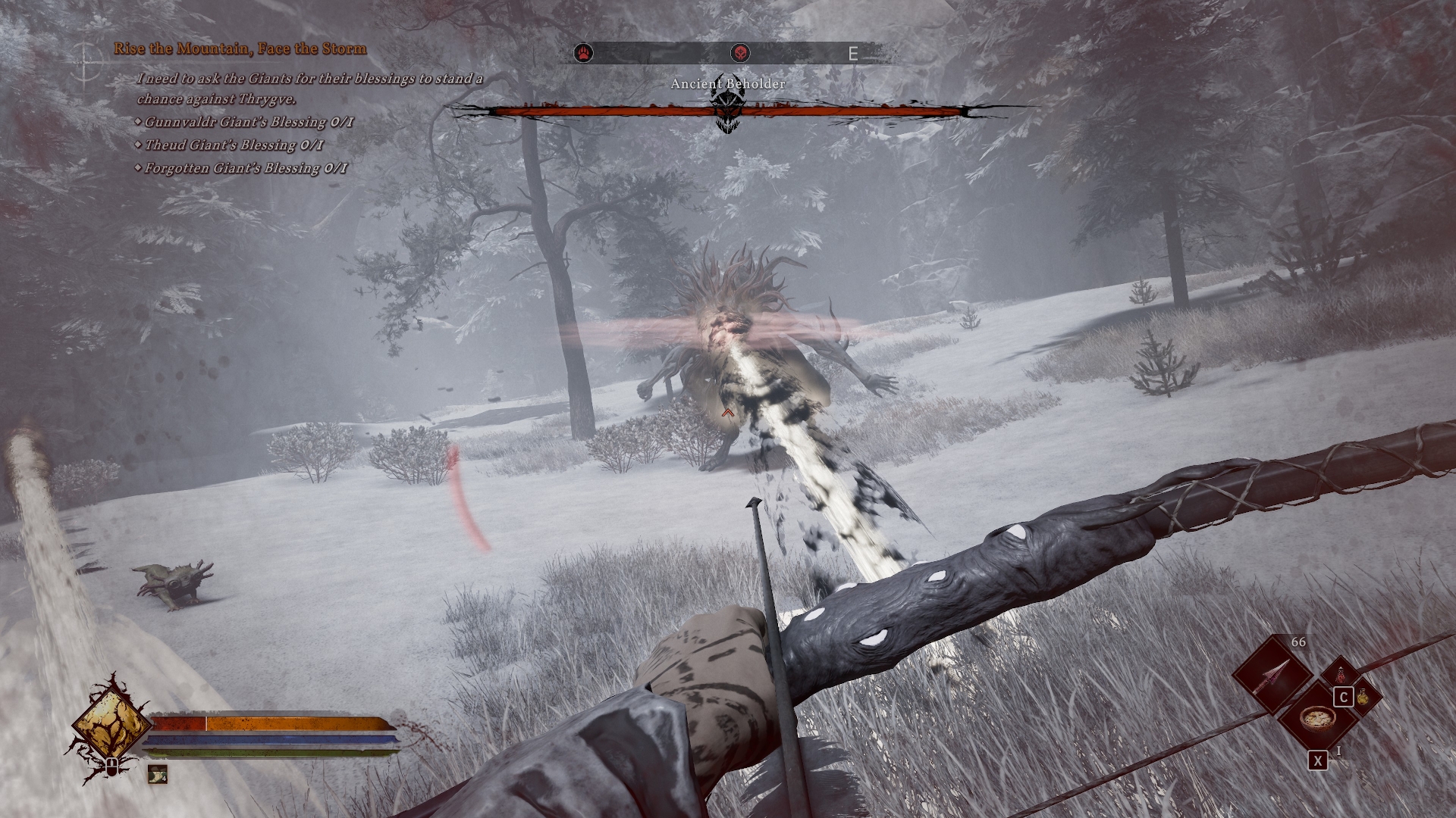 Player holding eye-covered bow is hit by a beam of energy from a hard-to-make-out monster labeled "Ancient Beholder", edges of the screen tented red. Screenshot by author.