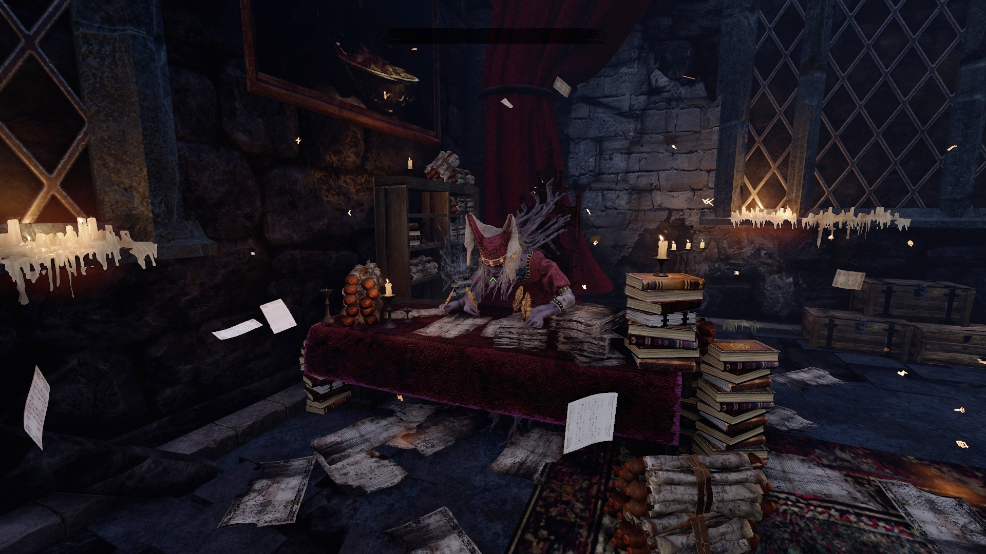 Tainted Grail: The Fall of Avalon shows a hooded figure writing at a desk surrounded by floating papers. Screenshot by author.