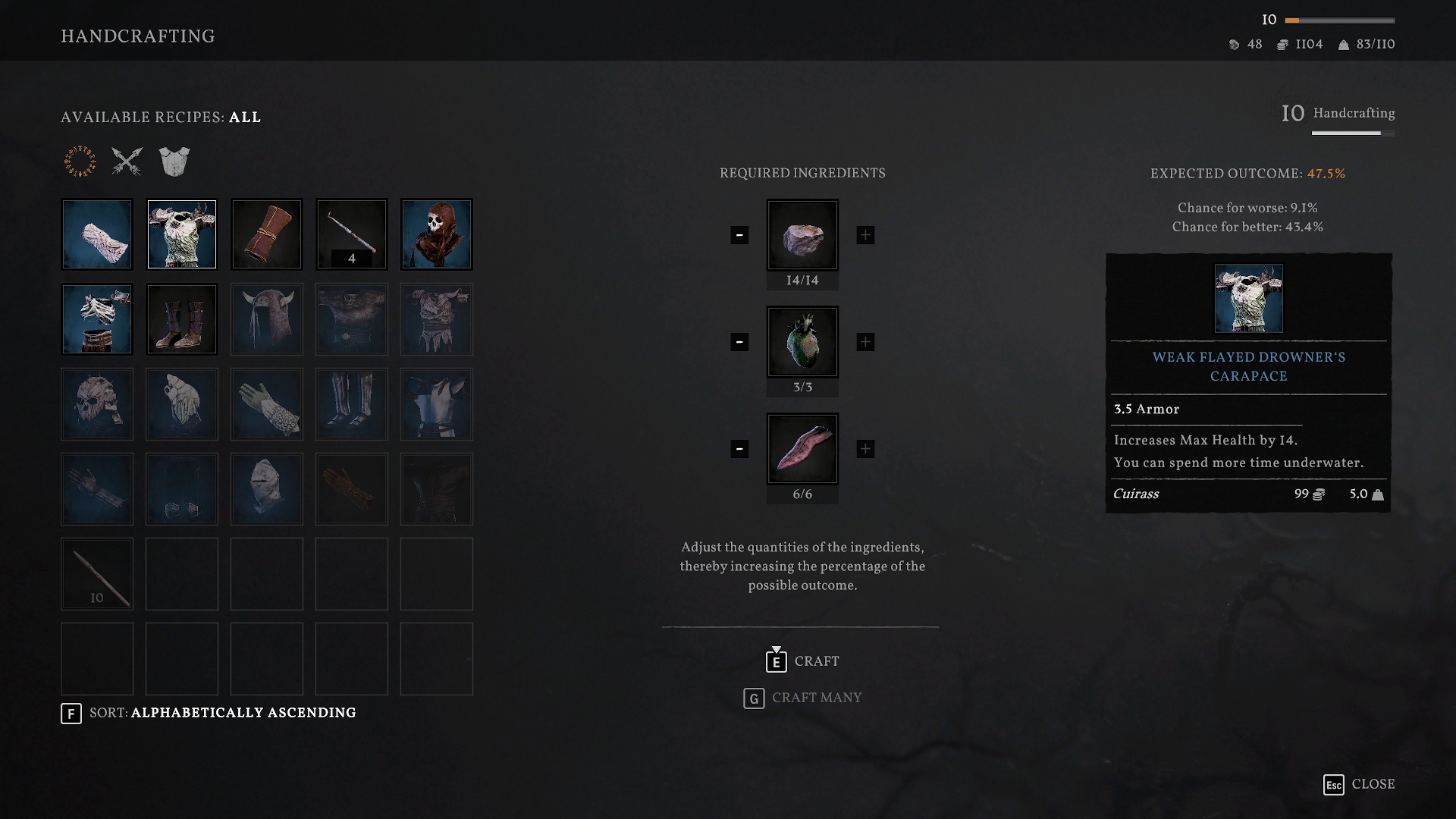 A crafting menu in Tainted Grail: Fall of Avalon. List of recipes on the left, ingredient selector in the middle, and a resulting item - "Weak Flayed Drowner's Carapace" at the end. Screenshot by author.