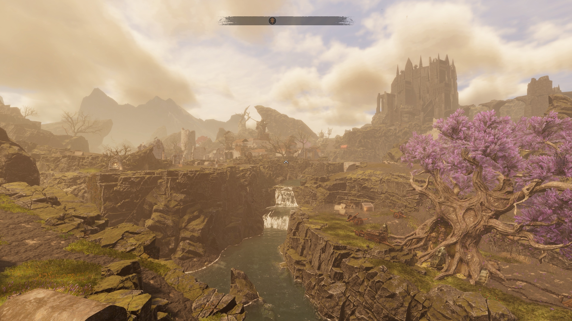 A fantastical landscape with a waterfall, a massive purple leaved tree, and a towering castle in the background. Screenshot by author.