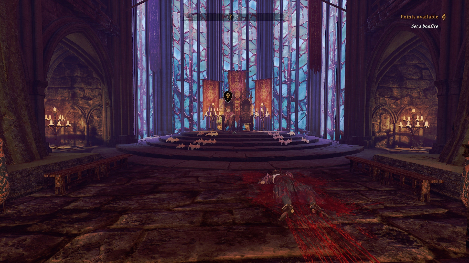 In Tainted Grail: The Fall of Avalon, a bloody corpse lies on the floor before a dark throne. Screenshot by author.