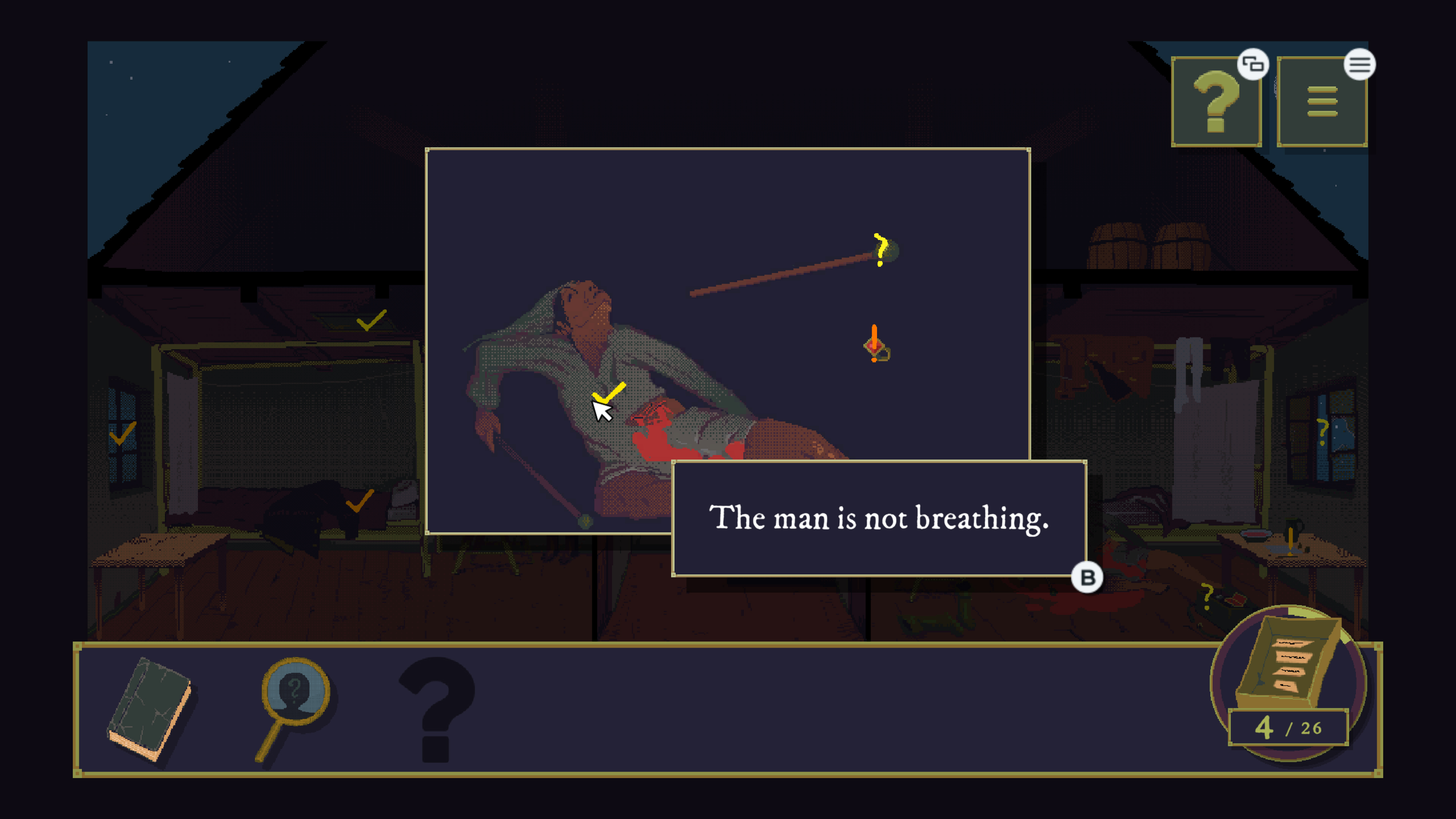 A screenshot from The Case of the Golden Idol shows a pixel-art crime scene with a character lying on the floor and a text box stating "The man is not breathing."