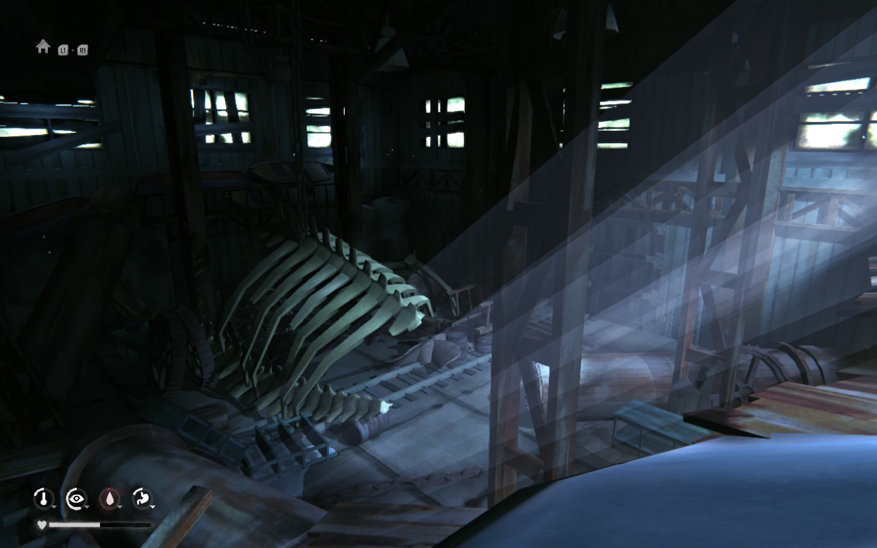 Inside the Hibernia Processing plant with the large whale carcass.