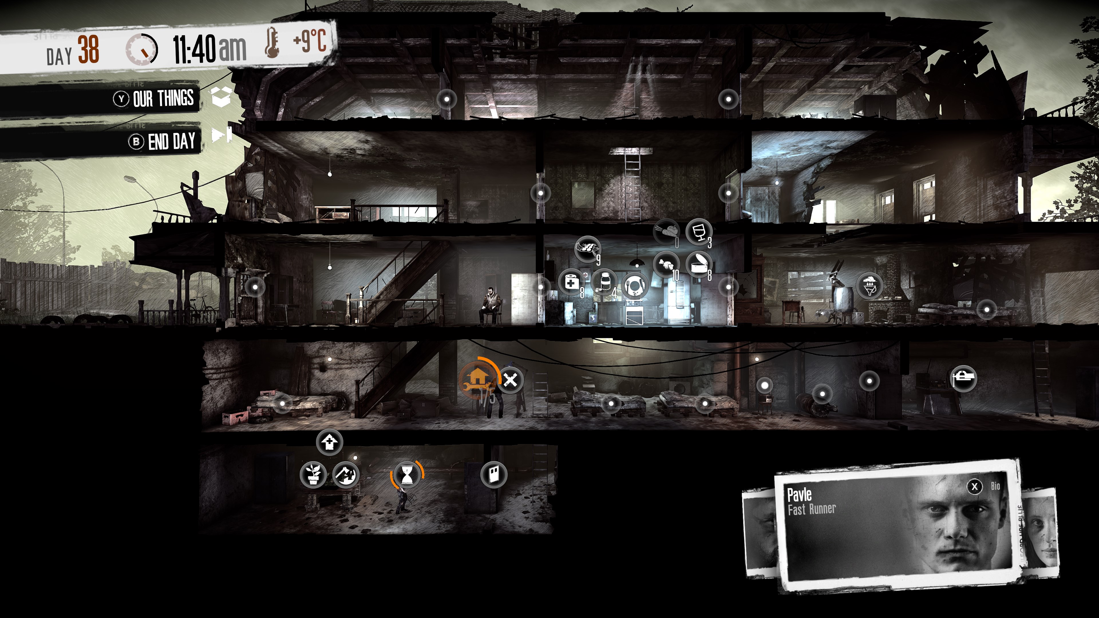 A screenshot from This War of Mine: Final Cut shows a dark, gritty cross-section of a dilapidated building with several characters and icons indicating information.